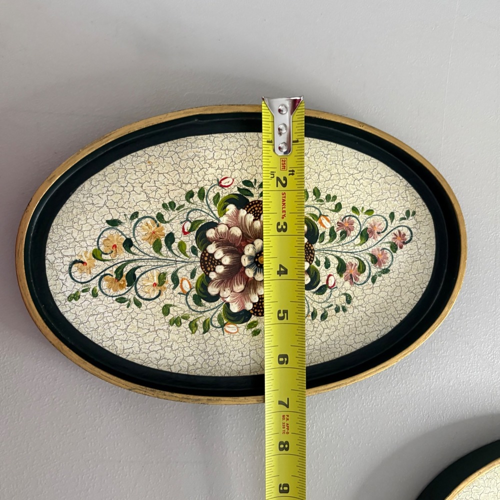 Vintage‎ Floral Hand Painted Nesting Trays Set of 3 Oval Black Gold Crackle Folk - Picture 12 of 16